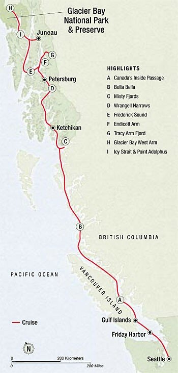 Map of Inside Passage From Seattle to Southeast Alaska.